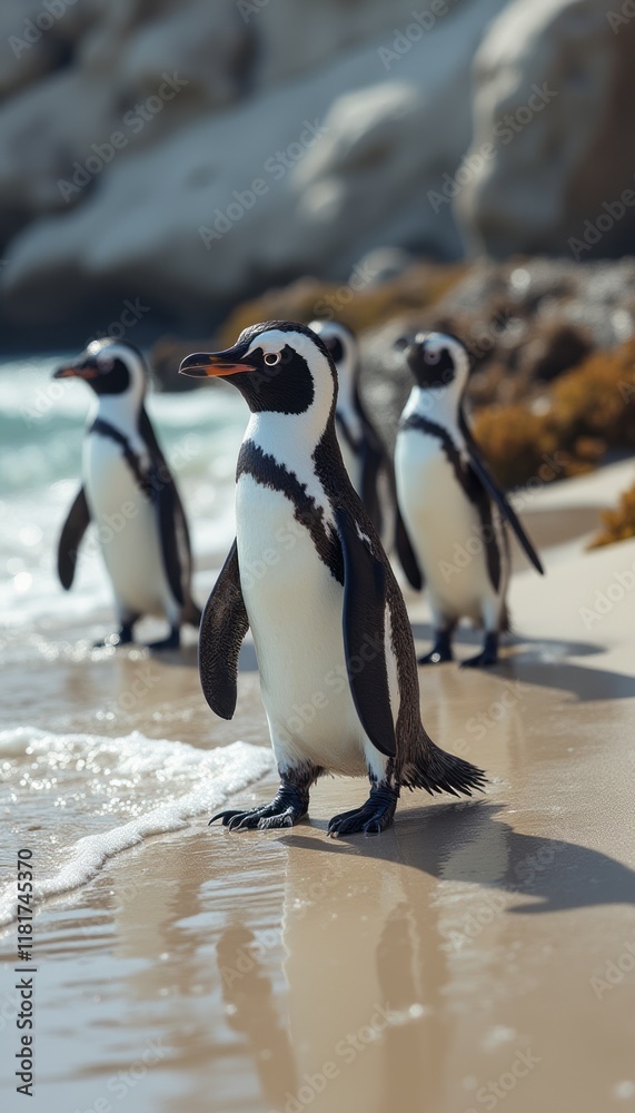 Obraz premium A group of charming penguins stands at the waters edge, their sleek bodies glistening in the sunlight. The scene captures the playful spirit of these delightful creatures as they interact with the