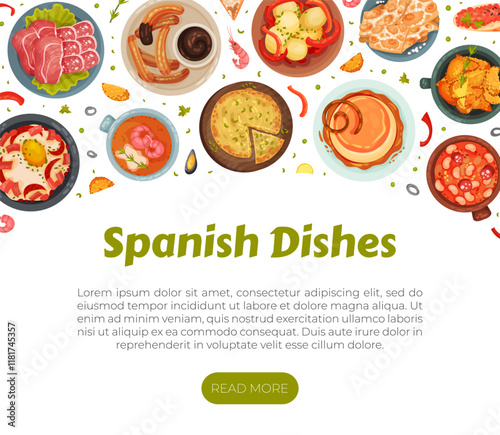 Spanish Dish and Food Banner Design with Traditional Meal Vector Template