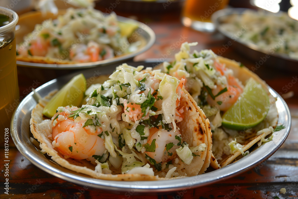 Tacos de camarones, shrimp tacos topped with slaw and fresh lime. Tacos de camarones, shrimp tacos topped with slaw and fresh lime.