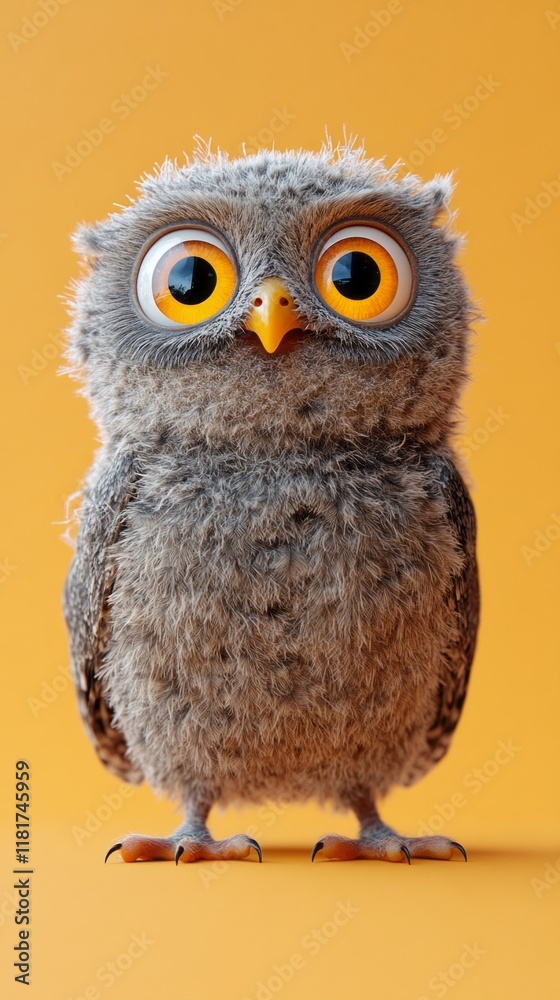Naklejka premium This adorable owl, featuring oversized expressive eyes and a fluffy gray body, exhibits a charming surprise as it stands on a bright orange background, evoking joy and laughter