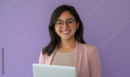 A professional photograph of an attractive young woman with dark hair and glasses, smiling confidently at the camera while holding her laptop computer in one hand against a light purple background. 