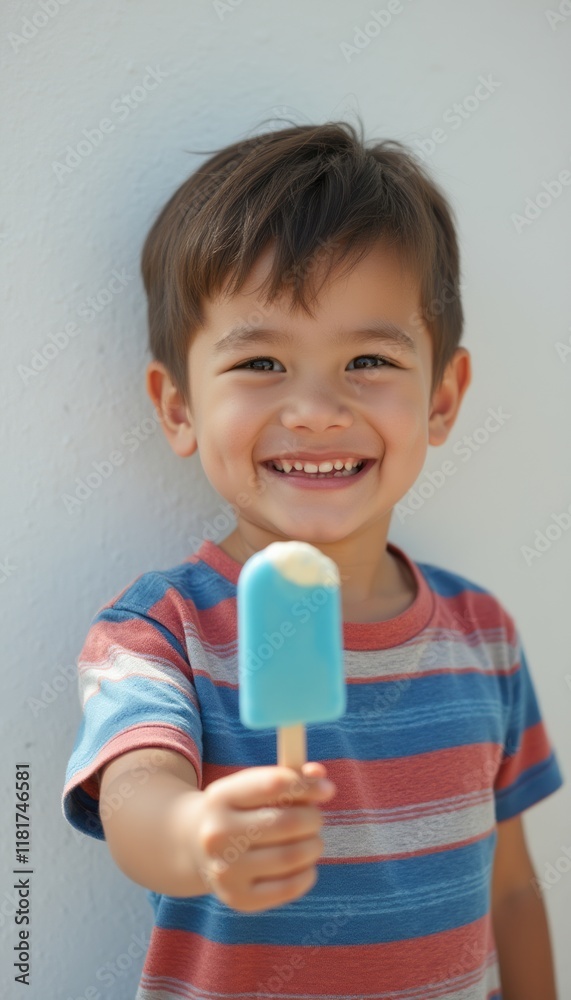 A cheerful young boy with brown hair smiles brightly while holding a blue popsicle against a light background. His striped shirt adds a playful touch, capturing the essence of summer fun and childhood A cheerful young boy with brown hair smiles brightly while holding a blue popsicle against a light background. His striped shirt adds a playful touch, capturing the essence of summer fun and childhood