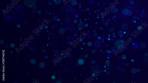Abstract dust particles with blue light on dark background. Science backdrop with moving glittering dots. Flying particles with effect bokeh. 3d rendering.