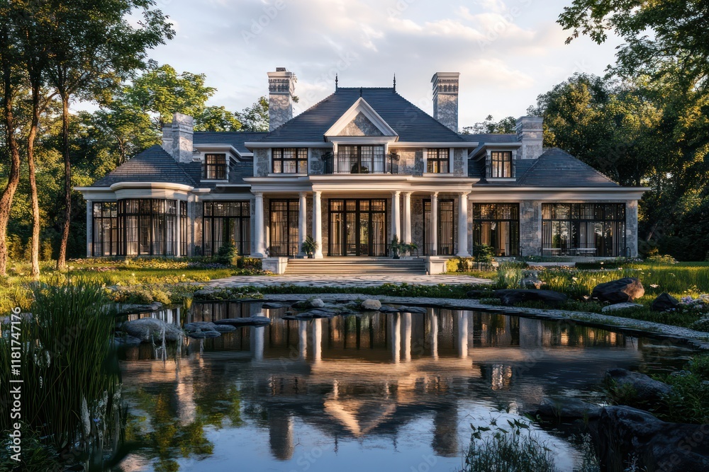 A traditional estate with a grand portico, large bay windows, and sprawling grounds featuring a serene reflecting pond A traditional estate with a grand portico, large bay windows, and sprawling grounds featuring a serene reflecting pond