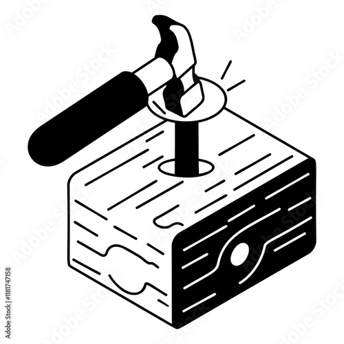 carpenter hitting a long nail with hammer isometric concept, wooden structure driving nails vector outline design, firewood or crafts Symbol, forest Deforestation products Sign lumberyard illustration