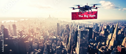 A drone is flying over a city with a red and white banner. The banner says 