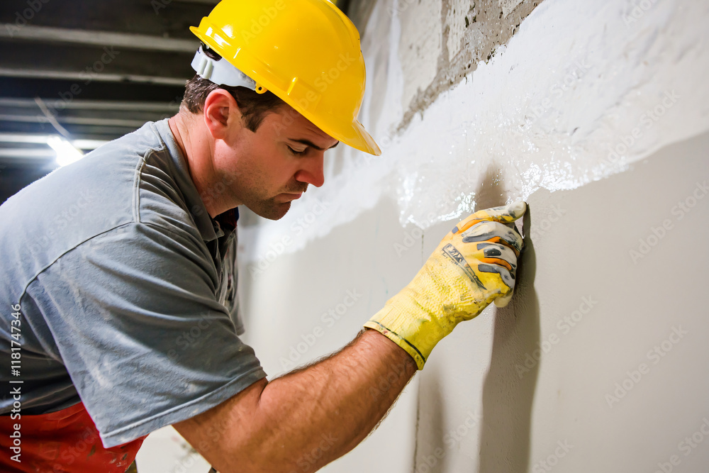 waterproofing application on basement walls, technician working waterproofing application on basement walls, technician working