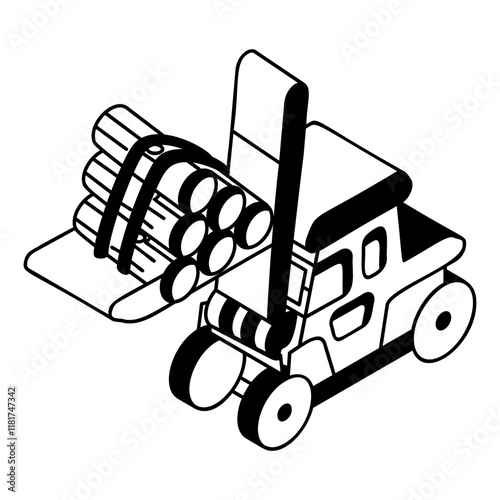Forklift Working in Log Yards isometric concept, high-stacking capability vehicle vector outline design,  firewood or crafts Symbol,  forest Deforestation products Sign,Lumberyard stock illustration