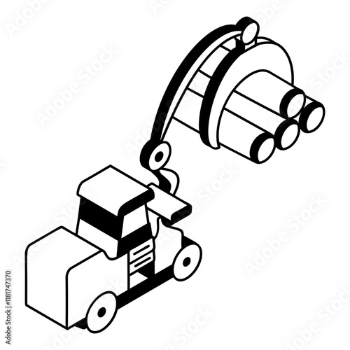 sort and stack isometric concept, Milling and Biomass Production Loader cranes vector outline design,  firewood or crafts Symbol,  forest Deforestation products Sign,Lumberyard stock illustration