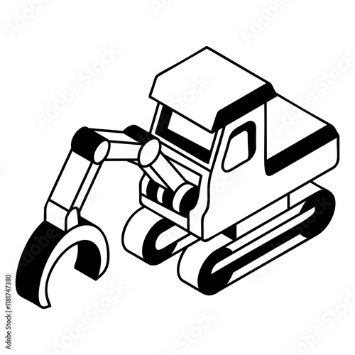 shovel logging with single machine isometric concept, closed loop track Feller Buncher vector outline design,  firewood or crafts Symbol,  forest Deforestation products Sign,Lumberyard illustration