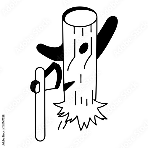 Limbing or delimbing isometric concept, removing branches from a standing or fallen tree trunk vector outline design,  firewood or crafts Symbol,  forest Deforestation products Sign,Lumberyard stock