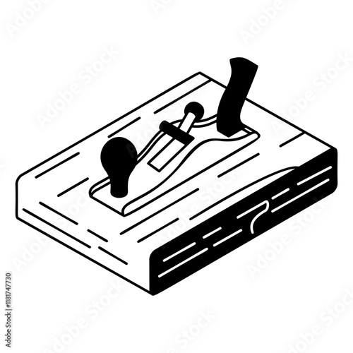Manual Trimming Tool for Wooden Plank isometric concept, Woodworking Planer Sliding Blade vector outline design,  firewood or crafts Symbol,  forest Deforestation products Sign,Lumberyard illustration