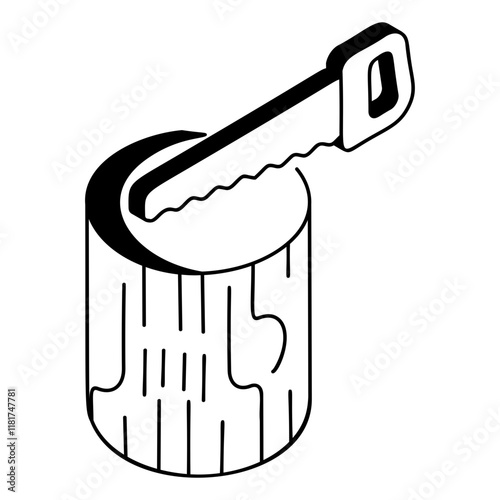 Limbing a pine tree with a manual pruning saw isometric concept, vector outline design,  firewood or crafts Symbol,  forest Deforestation products Sign,Lumberyard stock illustration