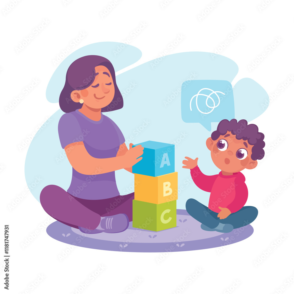 Speech with Teacher Explaining Alphabet to Little Boy Vector Illustration Speech with Teacher Explaining Alphabet to Little Boy Vector Illustration