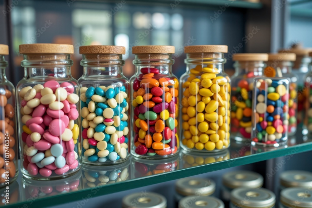 Colorful Candy Coated Chocolate Candies in Glass Jars on Shelf