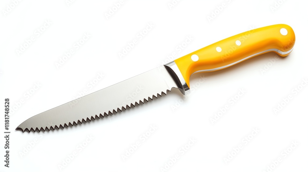 Serrated knife with a yellow handle on a white isolated background. Serrated knife with a yellow handle on a white isolated background.