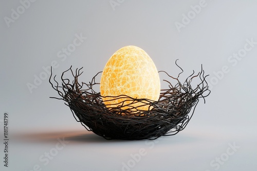 A glowing golden egg with intricate white patterns placed in a dark woven nest on a white background symbolizing new beginnings and creativity photo