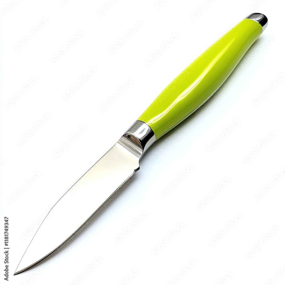 Sharp knife with a vibrant green handle on a white isolated background. Sharp knife with a vibrant green handle on a white isolated background.