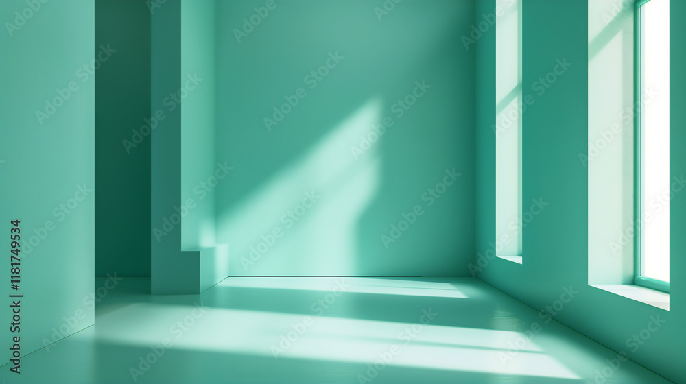 Obraz premium Minimalist Green Interior with Sunlight Streaming Through Windows in a Modern Architectural Setting