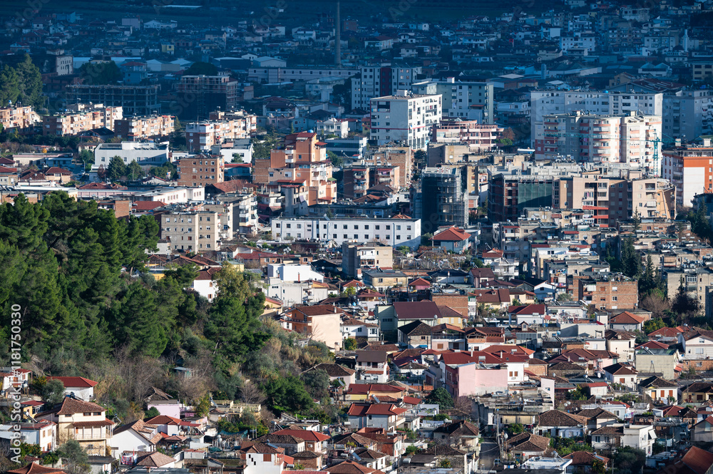 High angle view over rooftops and historical houses in the village of Berat, Albania High angle view over rooftops and historical houses in the village of Berat, Albania