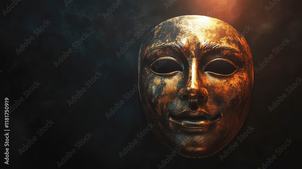 Fototapeta premium A single golden mask illuminated by a dramatic spotlight against a dark background, symbolizing mystery and theatrical elegance Copy space for text 
