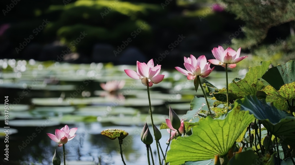 Pink Lotus Flowers, Tranquil Pond, Green Lily Pads, Natural Scenery Pink Lotus Flowers, Tranquil Pond, Green Lily Pads, Natural Scenery