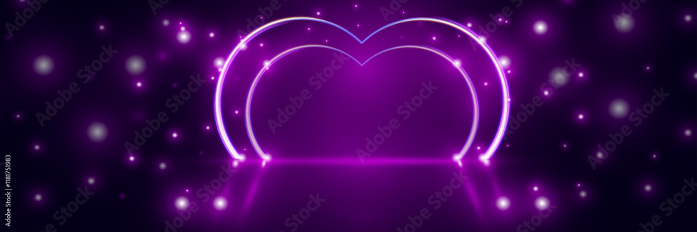 Obraz premium Futuristic modern empty stage with reflective dark room, glowing neon heart shape, and cloud. 3D render for romantic, tech, and creative design projects. 