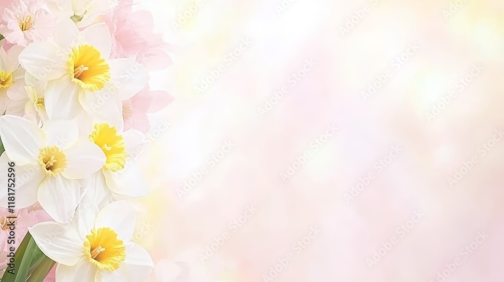 Fototapeta premium Delicate Daffodils and Soft Pink Blossoms Spring Bouquet