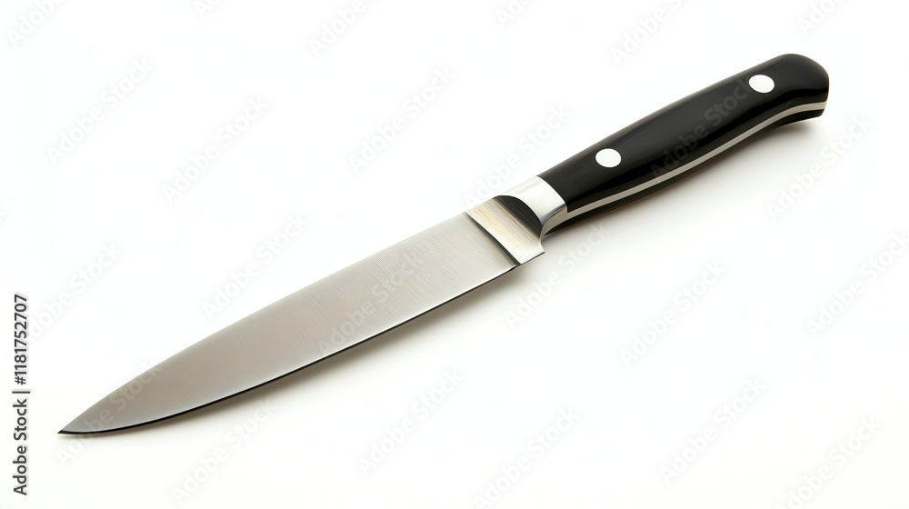 A sharp stainless steel kitchen knife on a white isolated background. A sharp stainless steel kitchen knife on a white isolated background.
