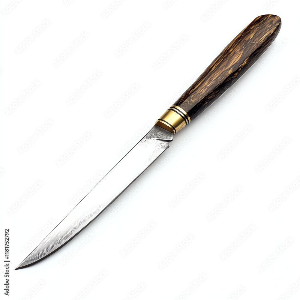 A sharp knife with a stylish wooden handle isolated on white background.