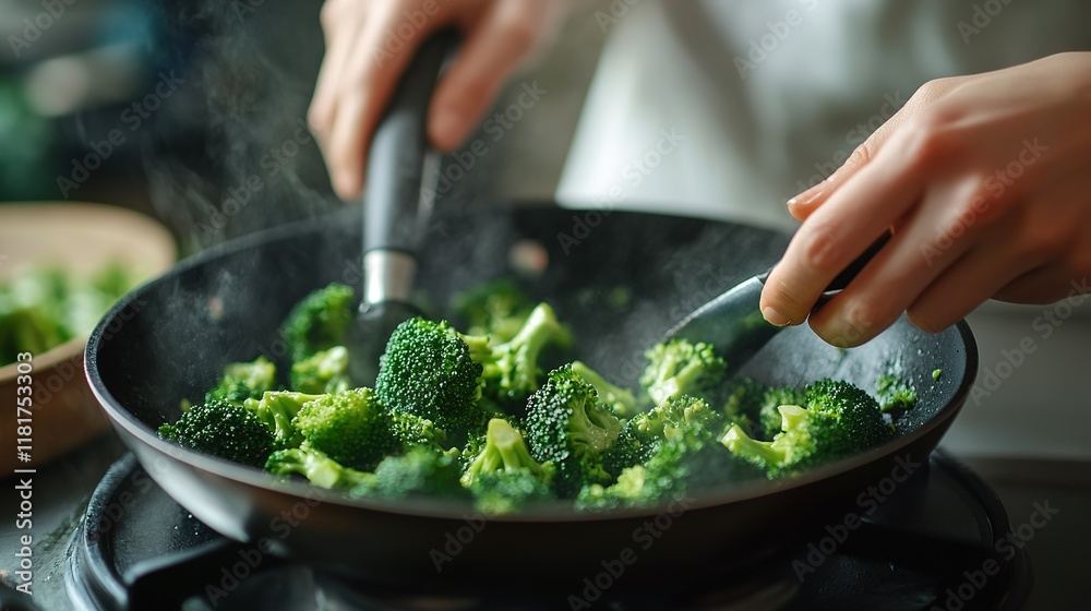 Stir-Frying Broccoli in a Pan Close-Up Stir-Frying Broccoli in a Pan Close-Up