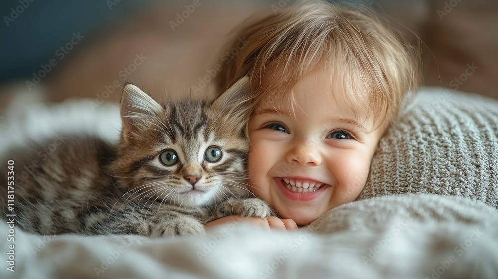 Adorable toddler cuddling a fluffy kitten on a cozy blanket in a warm and inviting indoor setting. Adorable toddler cuddling a fluffy kitten on a cozy blanket in a warm and inviting indoor setting.