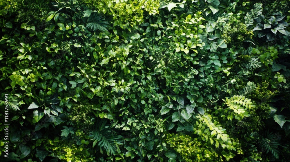 Lush green foliage with a variety of vibrant leaves forming a dense, natural wall, creating a fresh and calming atmosphere Lush green foliage with a variety of vibrant leaves forming a dense, natural wall, creating a fresh and calming atmosphere