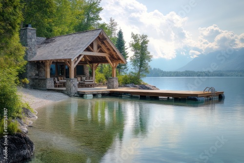 A tranquil lakefront property with a timber-framed structure and a dock extending into the water