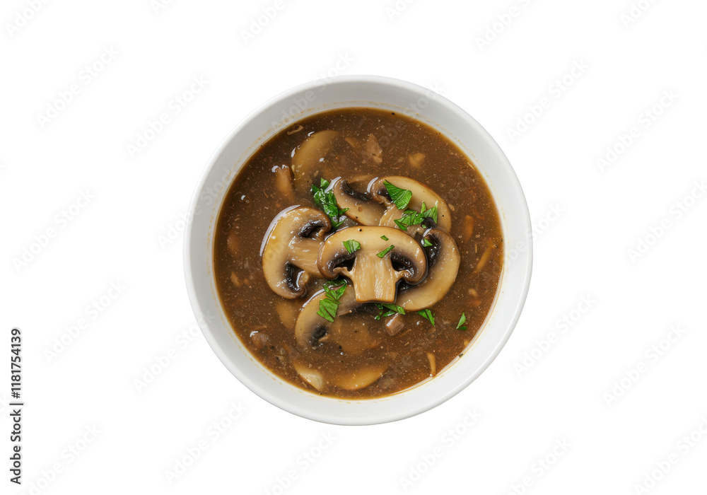 Mushroom soup in a bowl isolated on white background, top view, no depth of field, sharp. Mushroom soup in a bowl isolated on white background, top view, no depth of field, sharp.