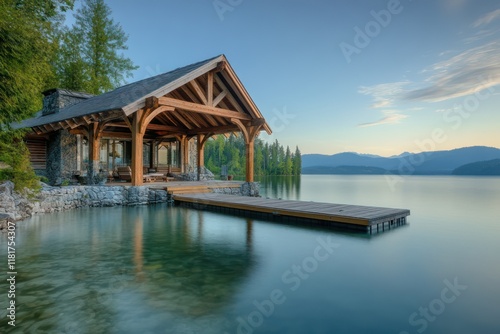 A tranquil lakefront property with a timber-framed structure and a dock extending into the water