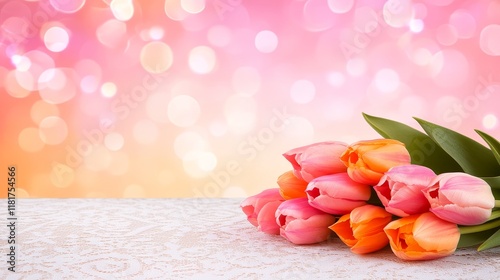 Delicate Pink and Orange Tulips Bouquet on Lace