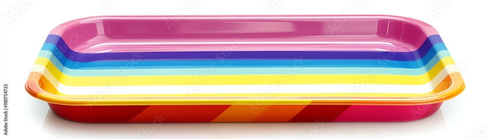 Colorful rectangular tray with vibrant rainbow stripes, white isolate background. Colorful rectangular tray with vibrant rainbow stripes, white isolate background.