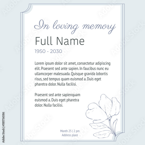 Card template with blue flower and corner frame vector illustration