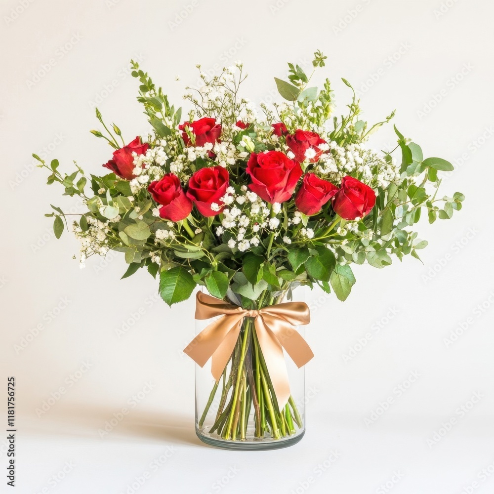 Naklejka premium A beautiful bouquet of red roses adorned with white flowers and lush greenery, elegantly arranged in a clear glass vase with a satin ribbon.