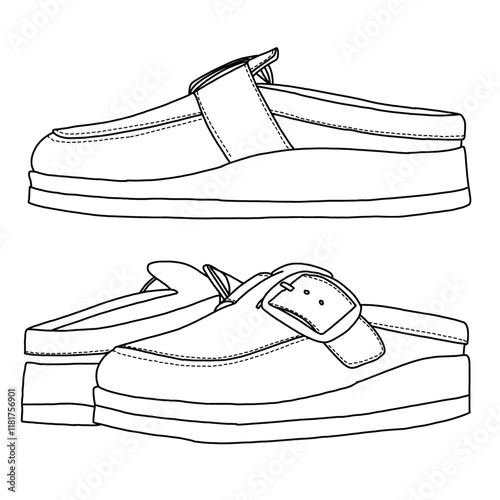 Women's Slip on Mules with strap line art, Technical sketch hand drawing outline vector doodle side view isolated on white background for coloring page