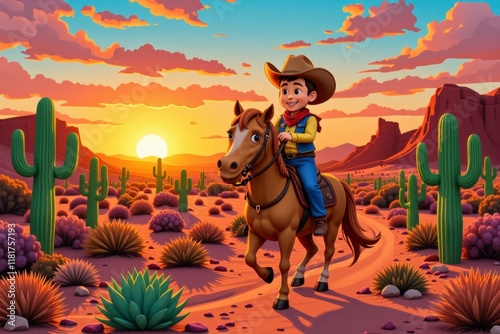 Young Cowboy Riding Horse at Sunset in Desert Landscape Cartoon Illustration