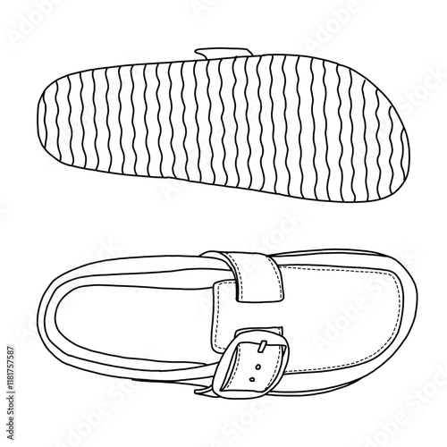 Women's Slip on Mules with strap line art, Technical sketch hand drawing outline vector doodle top and bottom view isolated on white background for coloring page