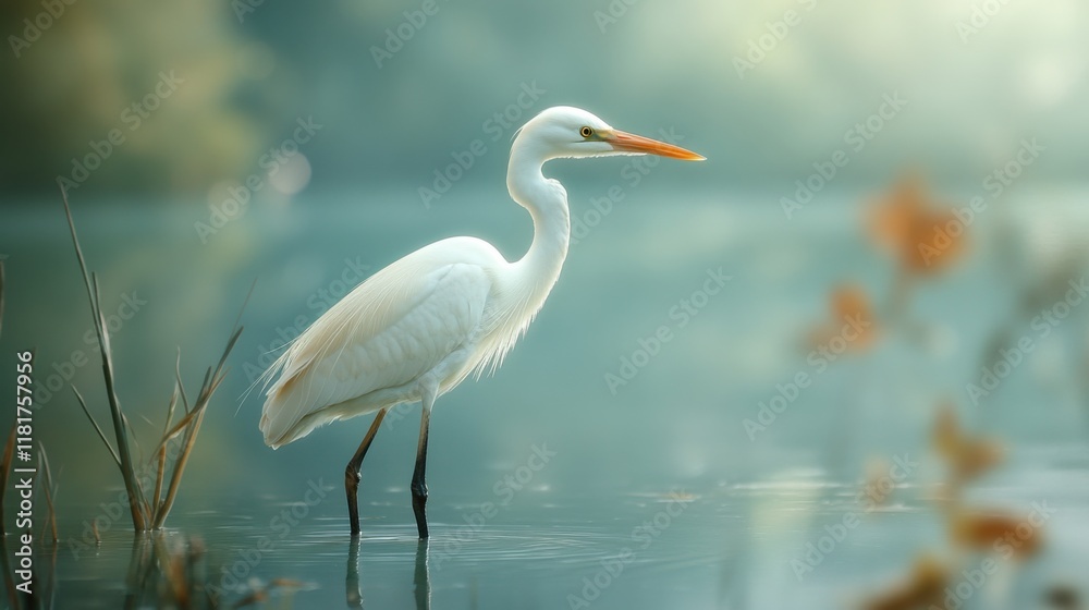 Obraz premium A graceful heron stands poised at the water's edge, its glossy feathers reflecting morning light