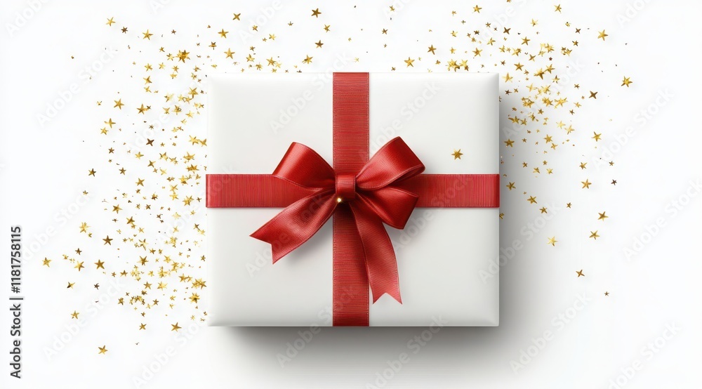 Festive gift wrapped in shiny paper with a red bow and golden confetti scattered around Festive gift wrapped in shiny paper with a red bow and golden confetti scattered around