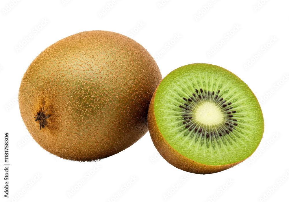 A whole kiwi and a cut kiwi showing the green flesh, isolated on white background A whole kiwi and a cut kiwi showing the green flesh, isolated on white background