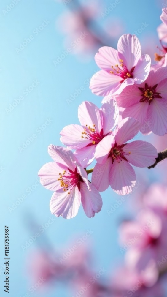 Fototapeta premium closeup of blooming pink cherry blossoms on branch against soft blue sky, springtime nature scene, concept of floral decorations, tourism advertising, gardening products