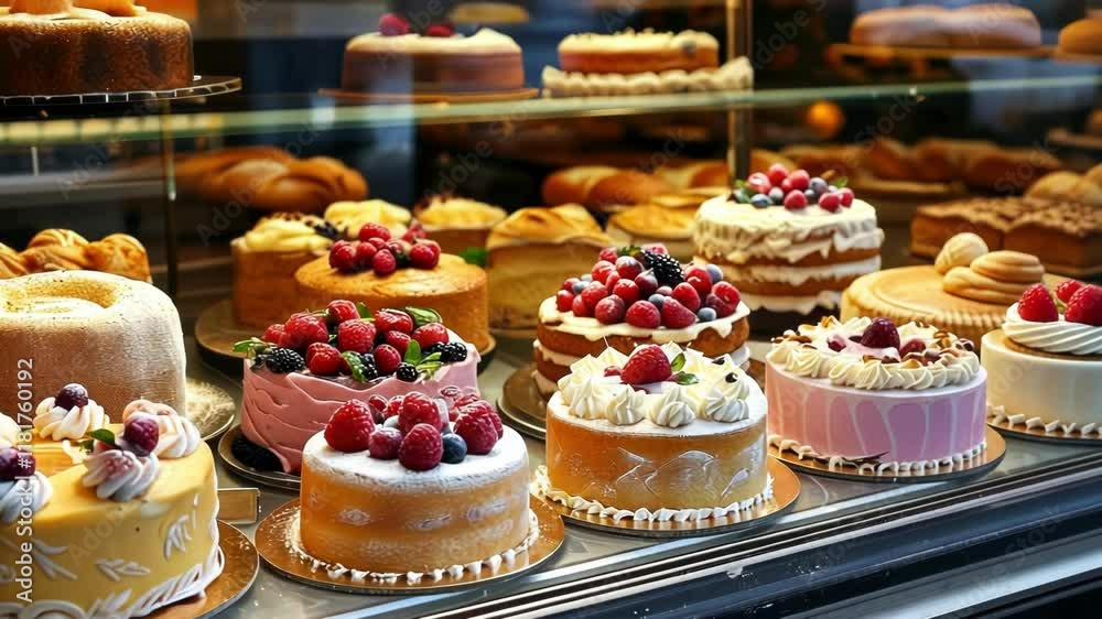 A vibrant display of various colorful cakes with fresh fruits A vibrant display of various colorful cakes with fresh fruits
