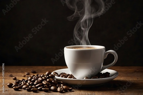 A minimalist composition of a cup of coffee on a suacer with blurred background