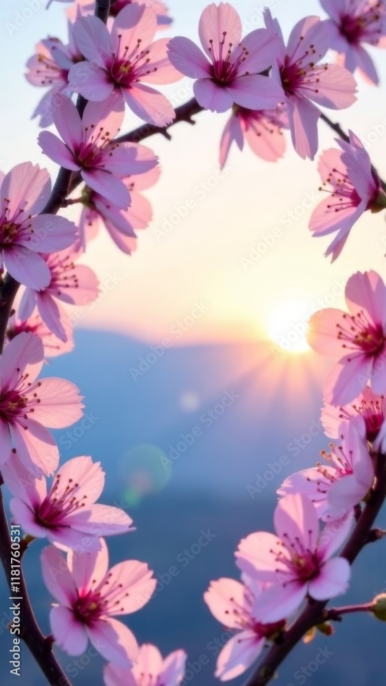 soft pink cherry blossoms forming a circular frame in sunrise light over scenic mountain view, concept of natural beauty and relaxation for wellness, floristry, and travel industries soft pink cherry blossoms forming a circular frame in sunrise light over scenic mountain view, concept of natural beauty and relaxation for wellness, floristry, and travel industries